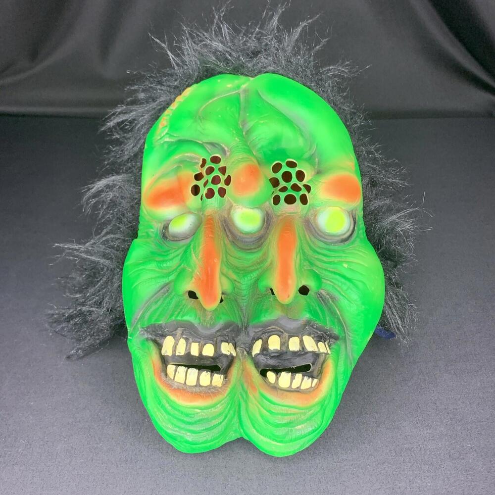 Vintage Fun World 2 Faced Latex Black Hair Halloween Costume Mask P103